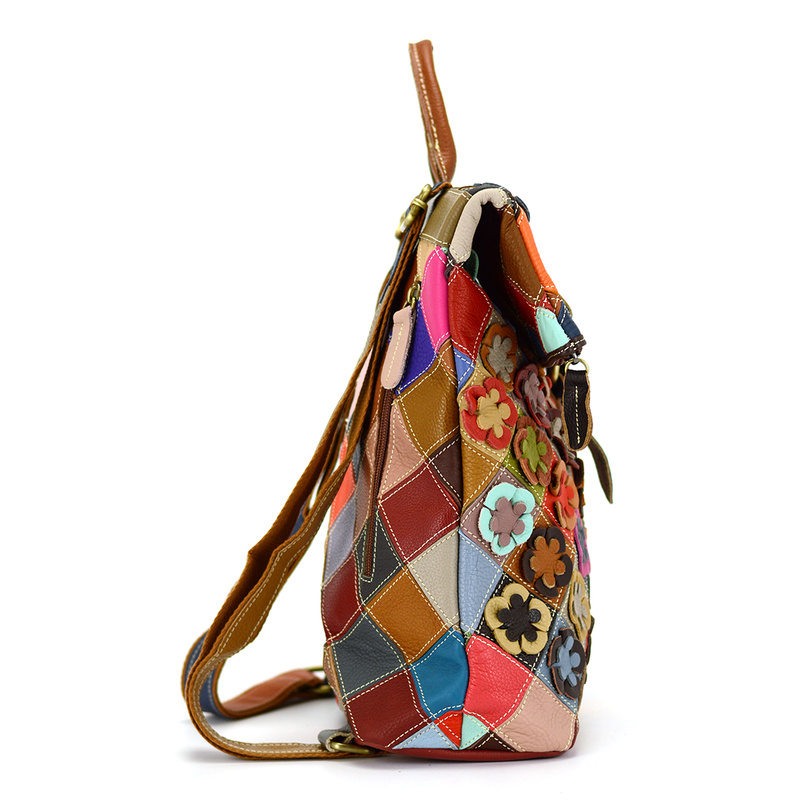 A unique leather backpack with a colorful mosaic pattern