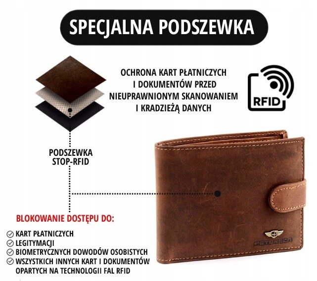 Ponadczasowy, skórzany portfel męski bez zapięcia RFID - Peterson