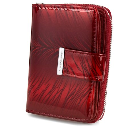 Skórzany portfel damski lakierowany elegancki modny czerwony w piórka 826