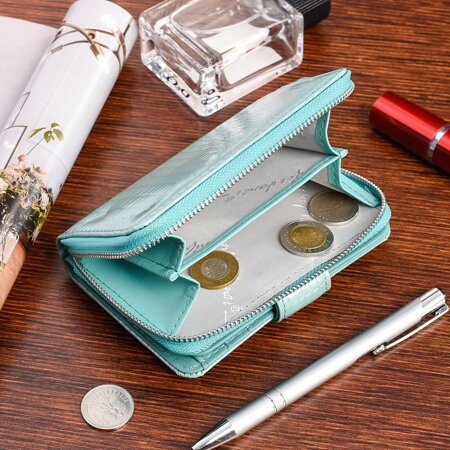 Skórzany portfel damski lakierowany elegancki modny turkusowy 826
