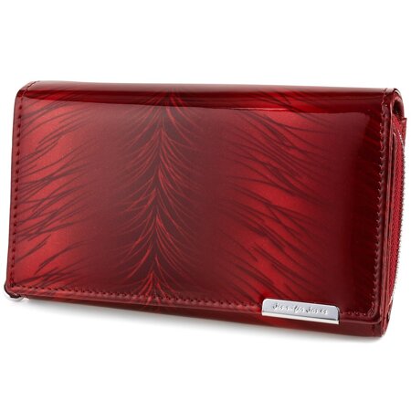 Skórzany portfel damski poziomy lakierowany elegancki duży czerwony w piórka 827