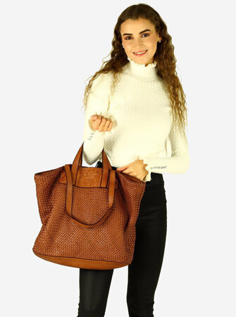 Torba damska pleciona shopper & shoulder leather bag - MARCO MAZZINI brąz karmel